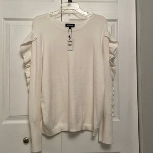 NWT $74 EXPRESS Pullover Off White Sweater Top with Ruffle Arm Accents Large